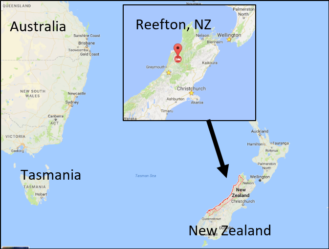 Map of Australia, New Zealand and Tasmania with emphasis on Reefton