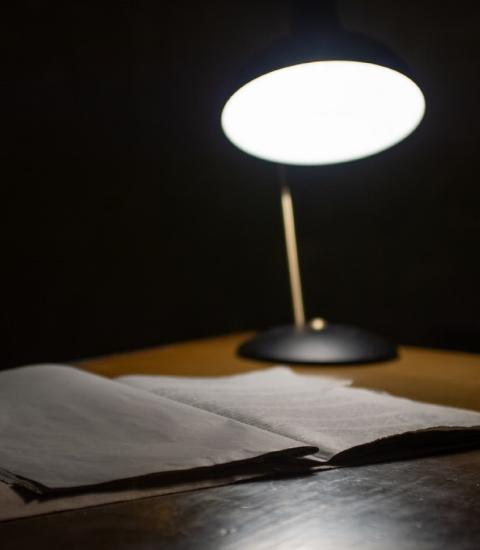 Official Statistics: Interview falsification lamp and notebook on table 